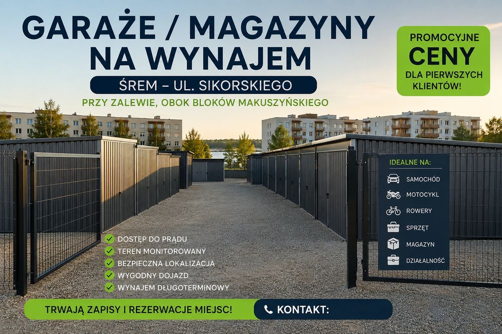 Nowe garaże / magazyny na wynajem – Śrem, ul. Sikorskiego