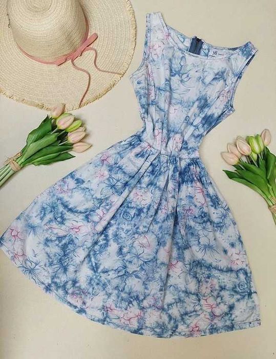 Reserved Sukienka A'la Jeansowa Dekatyzowana Kwiaty Boho Retro XS