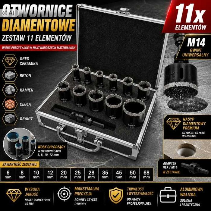 -> Zestaw Otwornice diamentowe do gresu 6,8,10,12,20,25,28,35,45,50,68mm FALON-TECH