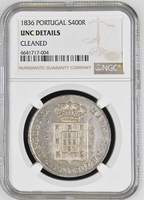 1836 Portugal D. Maria II - Cruzado Novo 480 ( 400 ) Reis prata NGC