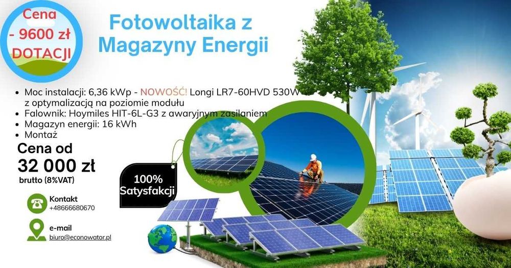 Instalacj fotowoltaiczna 6,36kW + magazyn energii 16kWh z montażem