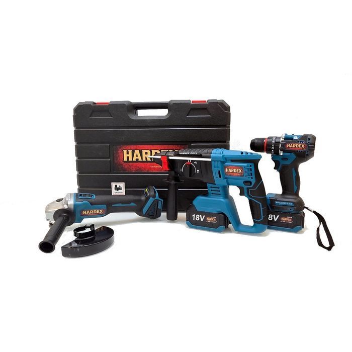 HARDEX Zestaw 3w1 Wiertarko-wkrętarka Młotowiertarka Szlifierka kątowa