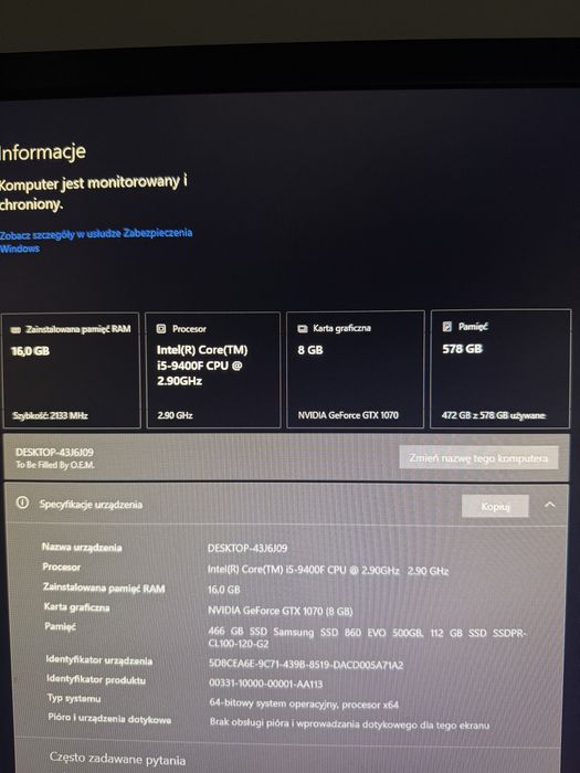 Komputer intel i5 9400f oraz 1 z najmocniejszych gtx1070 Aorus