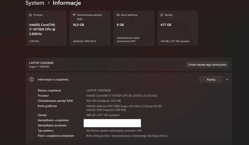 Lenovo Legion 7 15IMH05 | Intel Core i7 | RTX 2080 Super Max-Q | 16 GB