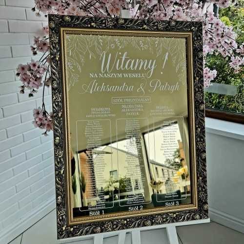Powitanie gości na weselu naklejka lustro na stojaku