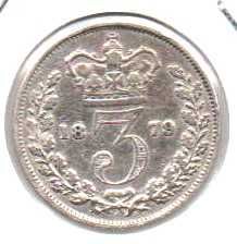 Grã Bretanha - 3 Pence 1879 - Rainha Vitória - mbc prata