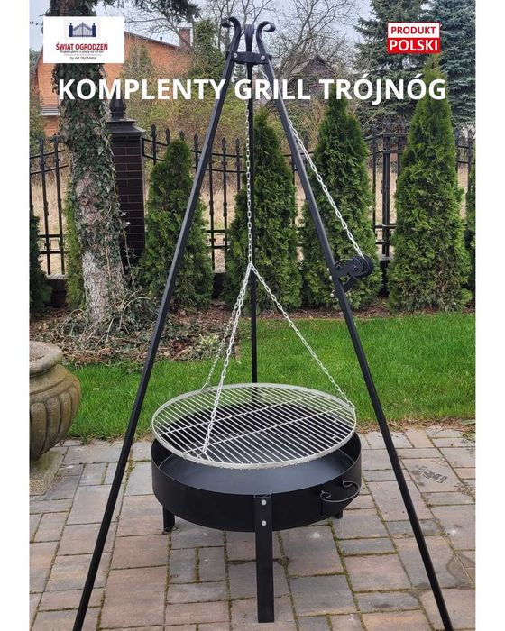 Grill trójnóg 193cm, solidny, ruszt nierdzewny, palenisko PRODUCENT