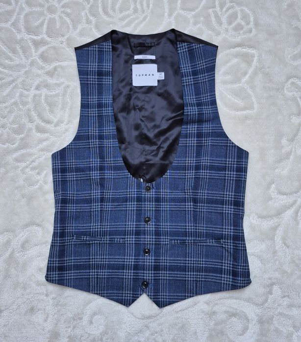 Kamizelka garniturowa S Niebieska w kratkę Topman