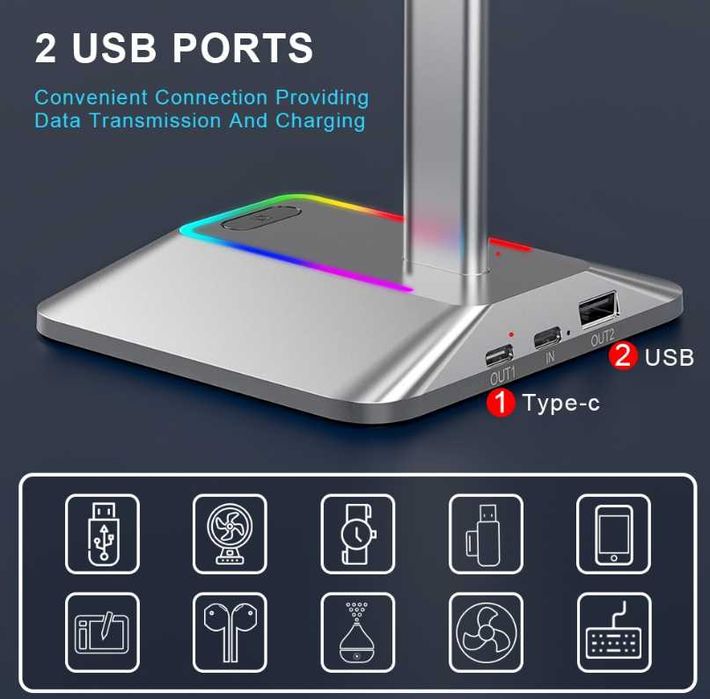 Stojak statyw na słuchawki gamingowy podświetlenie Rgb Led usb hub