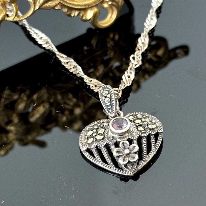 Srebrne serce z naturalnym Ametystem i Markazytami - próba 925