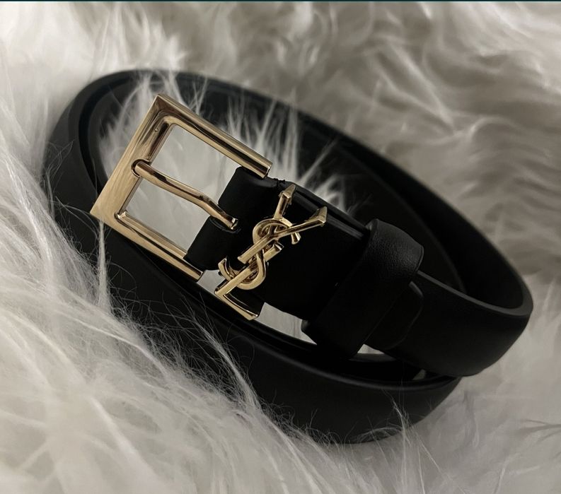 HIT Skórzany Pasek Damski YSL Yves Saint Laurent Czarny Złoty PREMIUM