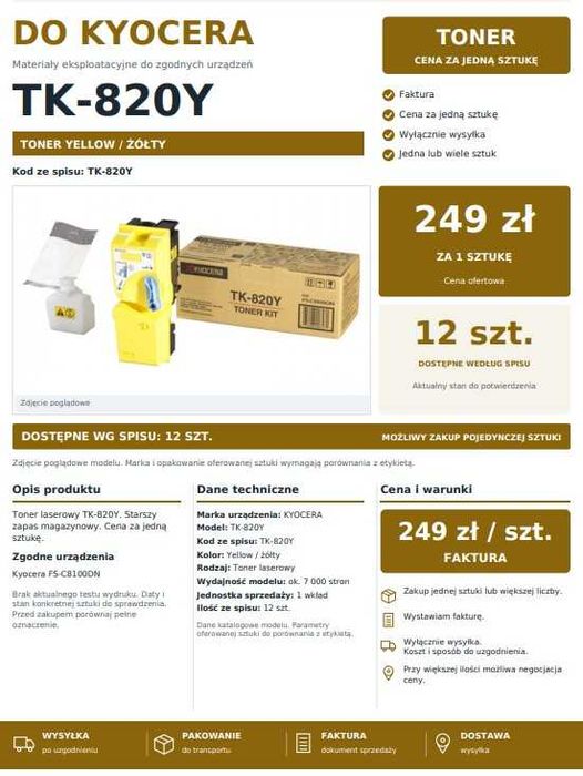 Toner Kyocera TK-820Y Yellow Żółty FS-C8100DN 7000 stron