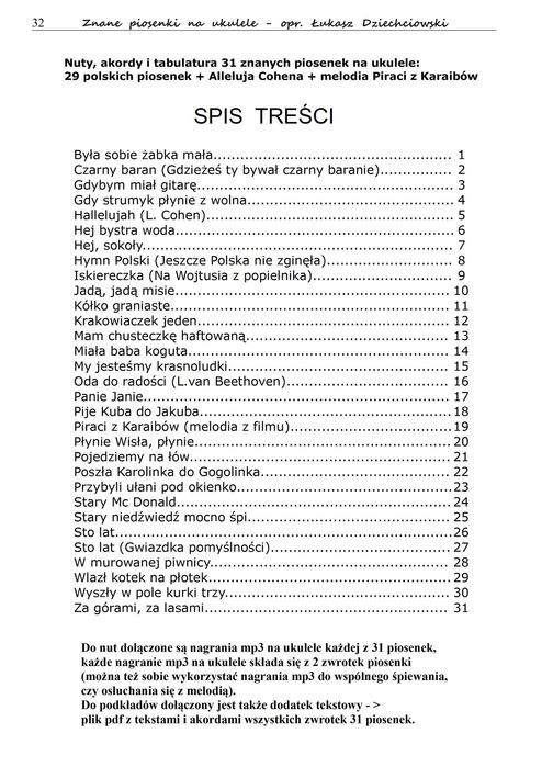 Piosenki na ukulele - nuty 31 piosenek, tabulatura, słowa, mp3, nowe