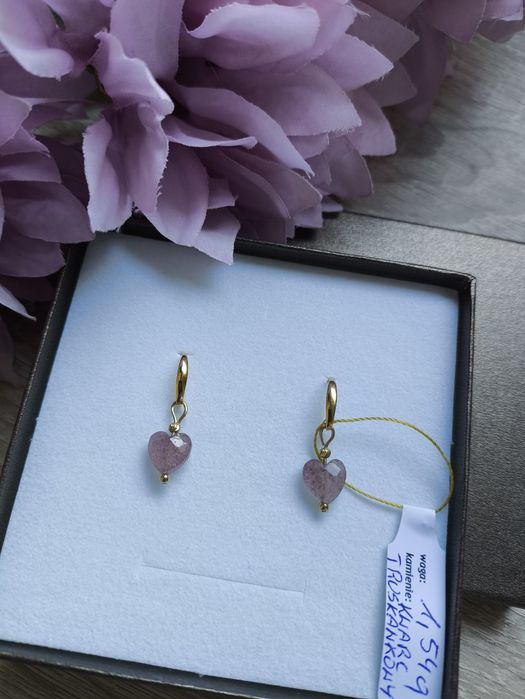 Kolczyki srebro 925 , serce,naturalny kwarc truskawkowy