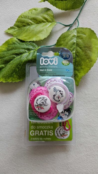 NOWE Smoczki Lovi Hot&Cold 3-6m dwupak + łańcuszek do smoczka zestaw lemur różowe