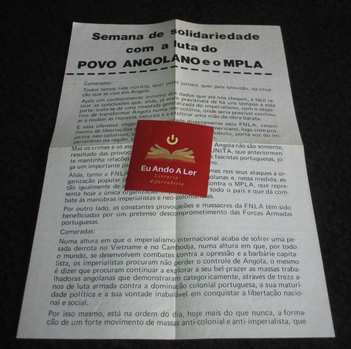 Folheto Semana de Solidariedade com a luta o Povo Angolano e MPLA 1975