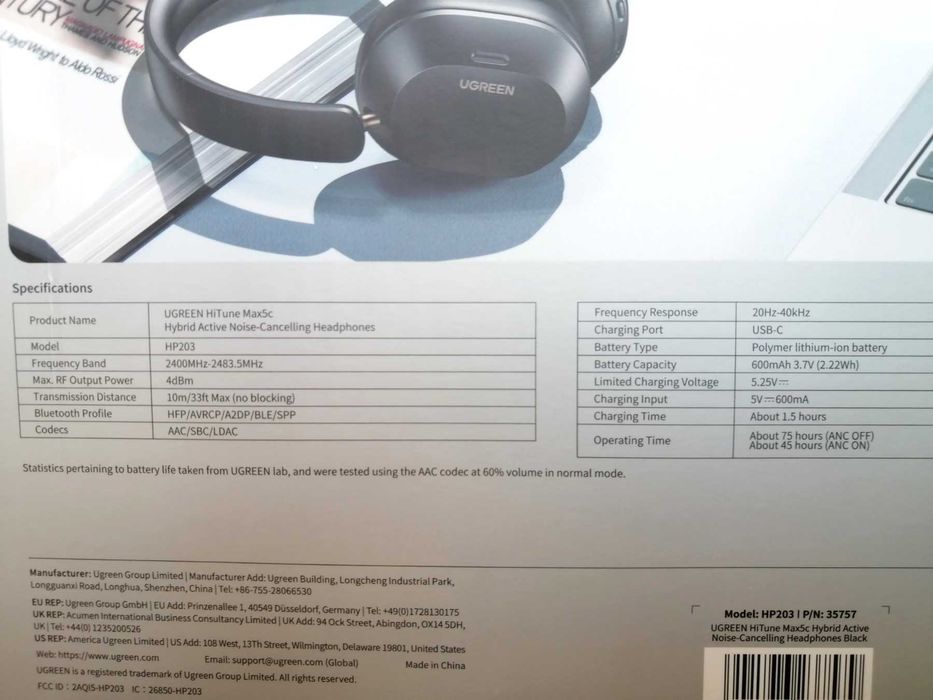 UGREEN HiTune Max5c (HP203) НАВУШНИКИ З ANC 43 дБ • LDAC • Hi-Res • 40 мм • до 75 год роботи • BT 5.4 • 0,06 с • Dual Connection • 8 EQ • AUX • ЧОРНИЙ