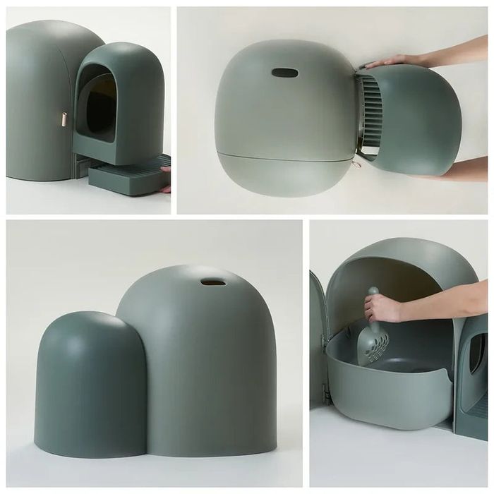 Caixa de areia para gatos fechada da marca Makesure (modelo Max), em tom verde-claro
