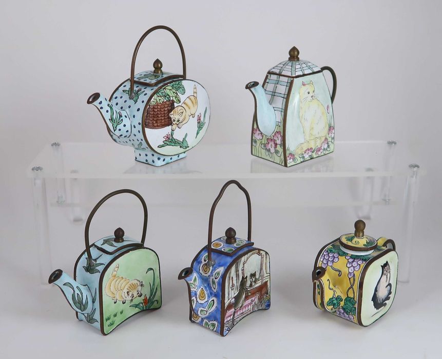 Conjuntos de 5 bules miniatura esmalte de cantão -Gatos