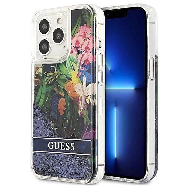 Etui Guess Flower Liquid Glitter na iPhone 13 Pro / iPhone 13 - niebie