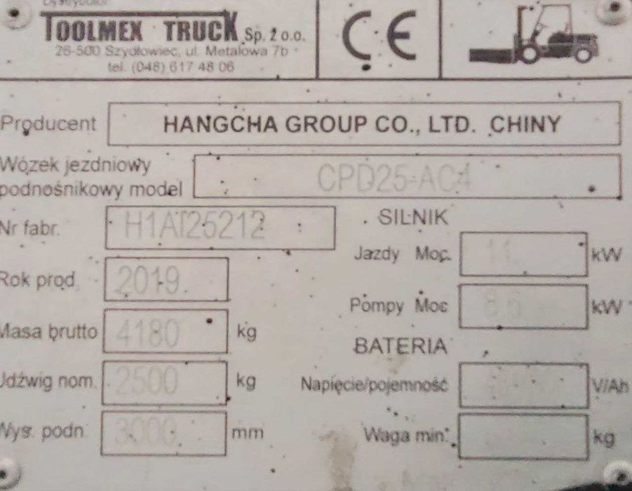 Wózek widłowy Hangcha CPD25-AC4 2019 r. 2,5 T  stan bardzo dobry!