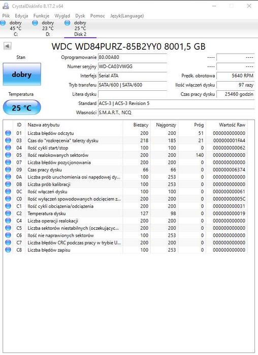Dysk HDD 8TB Western Digital WD84PURZ – 100% sprawny, SMART