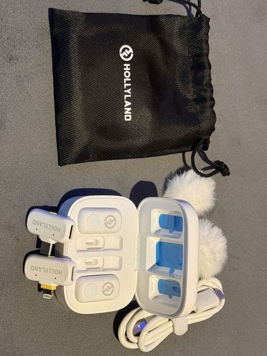 Mini microfone sem fio Hollyland Lark A1 Combo Branco,  para iPhone e Android. (2 TX + USB-C RX + Lightning RX + Estojo de Carregamento).