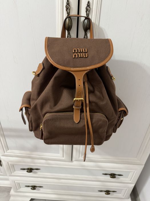 Plecak miu miu canvas and leather backpack cocoa brown