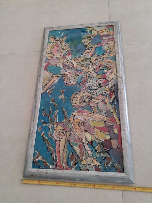 pintura abstrata com moldura prateada