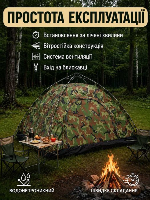 Намет туристичний військовий 200×200 см камуфляж, зелений. Палатка туристическая военная. Палатка для кемпинга. Намет Шатер Тент Шатёр Шалаш