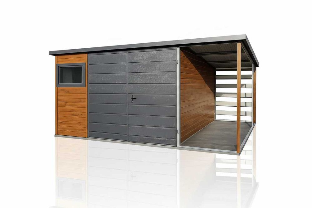 Domek ogrodowy narzędziowy 4x4m + 1m wiata Złoty Dąb + Grafit MAT