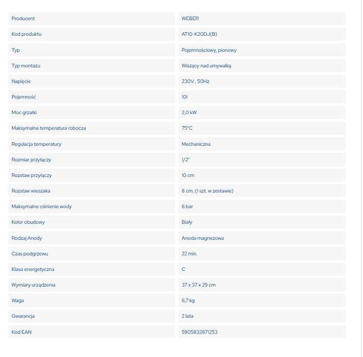 Bojler elektryczny podgrzewacz nadumywalkowy 10L 2 kW WEBER