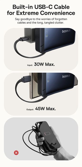 Baseus 45W Повербанк зі швидкою зарядкою бездротова зарядка Qi2