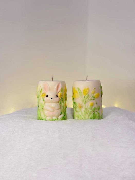 Spring Bunny Garden - ręcznie malowana świeca, dekoracja wielkanocna
