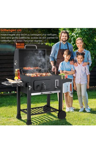Grill na węgiel drzewny XXL z pokrywą, termometrem, półką i kółkami