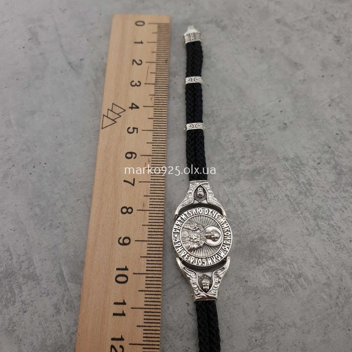 Чоловічий срібний браслет святий Миколай Чудотворець шовк 925 проба