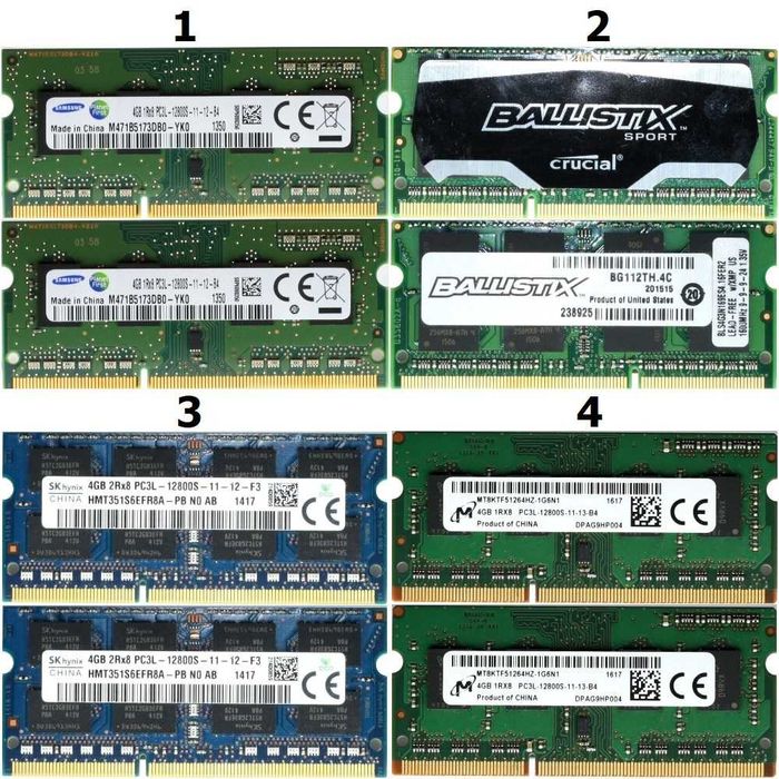 Комплекти 8GB 2x4GB SO-DIMM DDR3L 1600MHz від Samsung/Crucial/Hynix/Micron