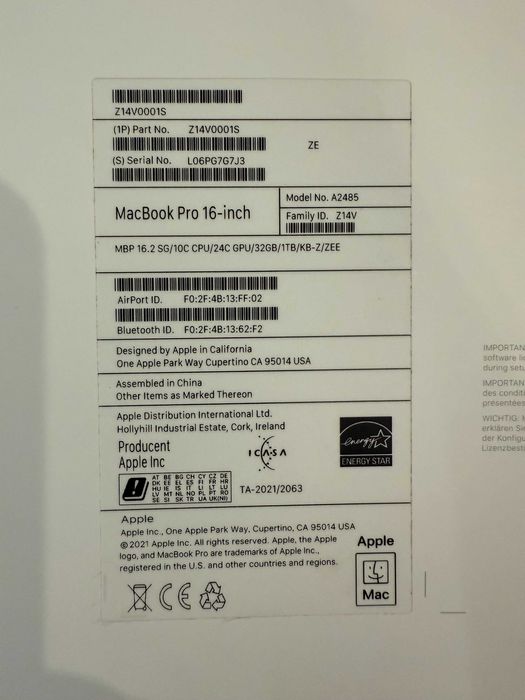 Macbook pro 16.2 M1 max / 24 GPU / 32 G / 1TB SSD  Faktura Vat