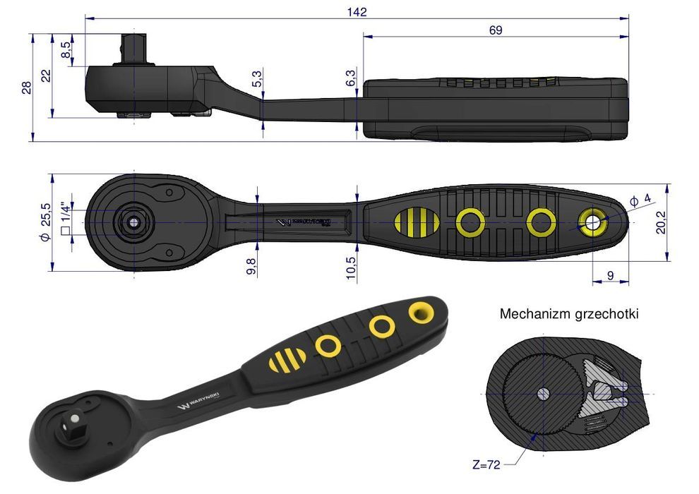 Grzechotka 1/4". 72T. odgięta. Waryński Solidny klucz