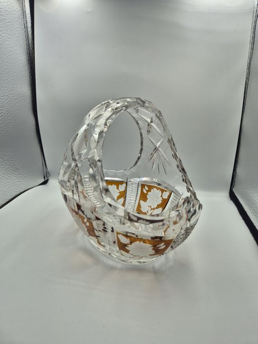 Koszyk kryształowy PRL Bohemia ręcznie szlifowany złocony