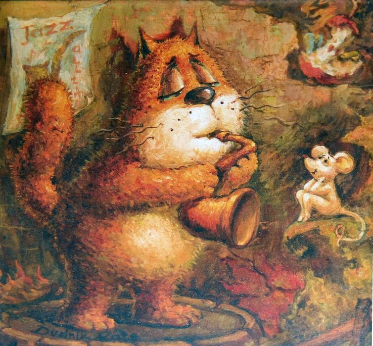 Постер Кіт з саксофоном by Katya Dudnik 21х21 см рама 30 мм настільне