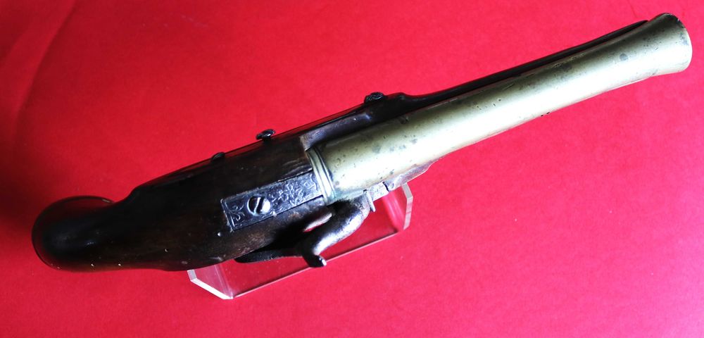 Pistola percussão portuguesa cano bronze boca de sino rara