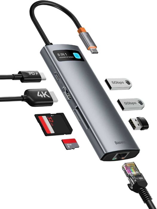 Adapter BASEUS Hub 8w1 Metal Gleam CAHUB-CV0G USB Typu C, Pasywny