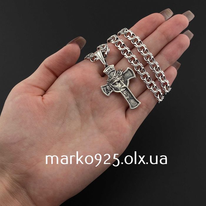 Масивна срібна цепочка чоловіча Бісмарк з хрестиком 925 проба ланцюжок