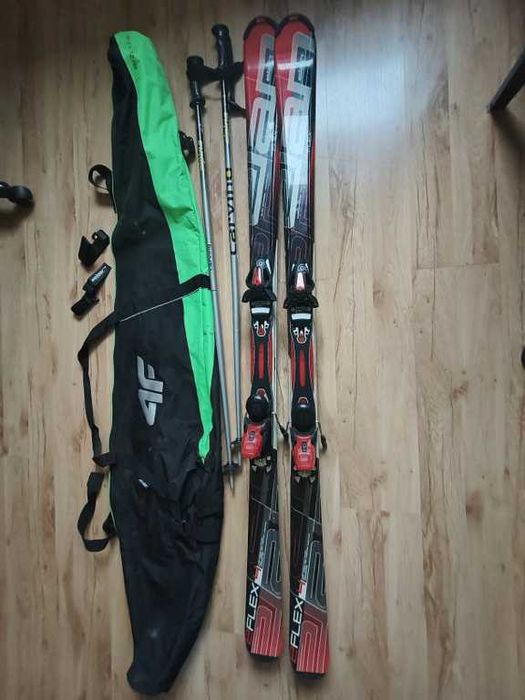 Narty ELAN EFlex 168 z wiązaniami + kijki + pokrowiec na narty