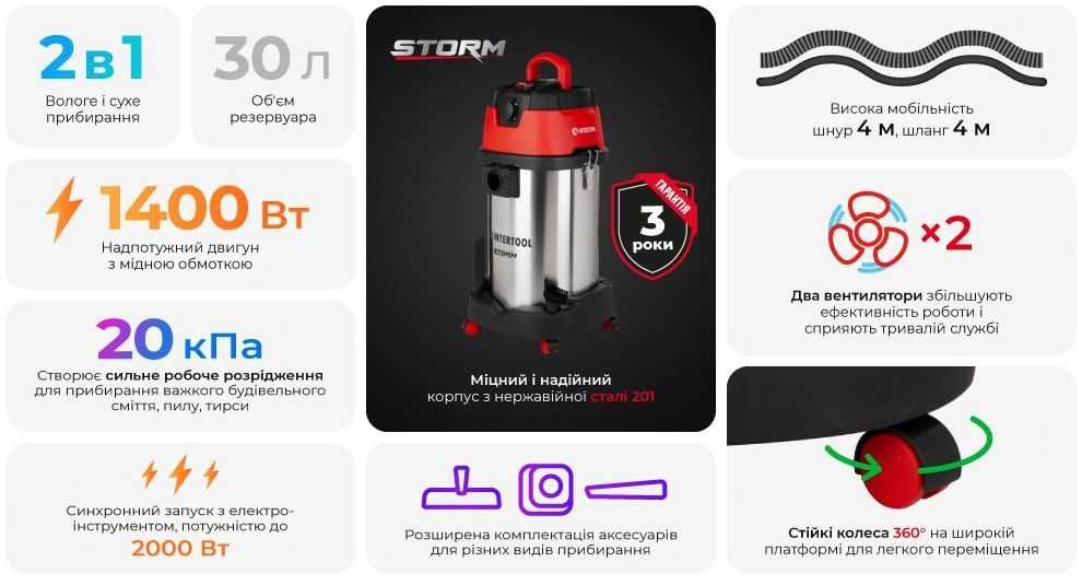Пилосос будів. 1,4 кВт, бак 30 л, шланг 4 м. STORM INTERTOOL WT-1430.