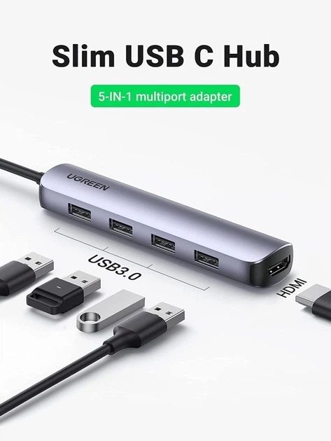 USB-хаб Ugreen USB type-C до USB 3.0 та HDMI