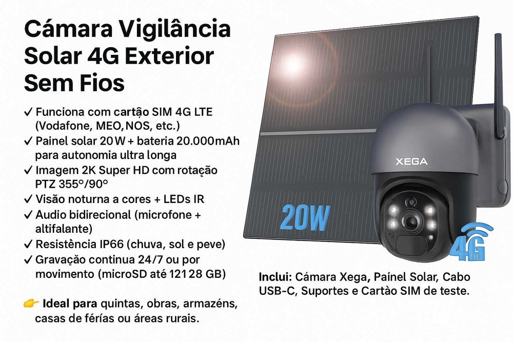 Câmara Vigilância Solar 4G Exterior S/Fio Bateria Ultra Longa Duração
