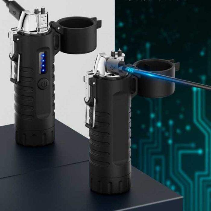 Зажигалка USB  дуговая + водонепроницаемая с фонариком. Цвет: черный