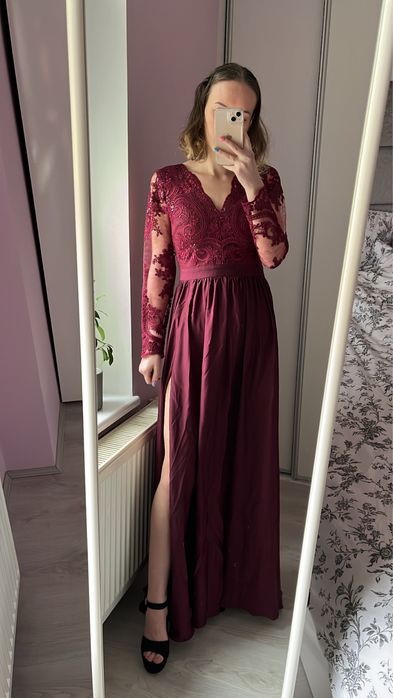 Bordowa sukienka maxi, na studniówkę
